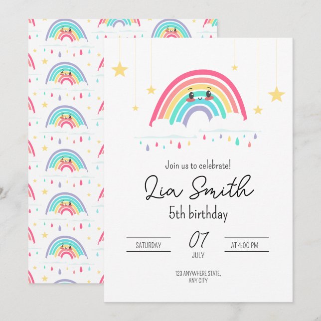 Rainbow Birthday Invitation for Girls Boho Rainbow (Front/Back)