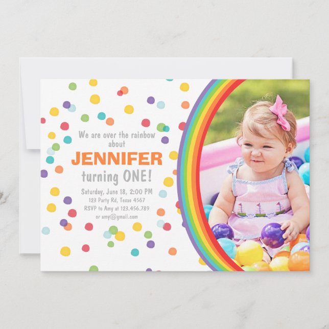 Rainbow birthday invitation Girl confetti Colorful (Front)