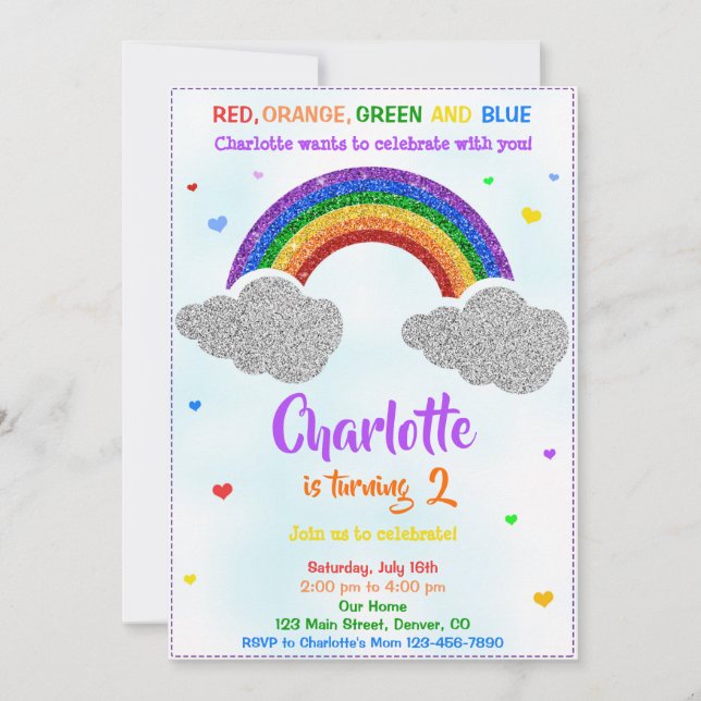 Rainbow birthday invitation Glitter rainbow invite (Front)