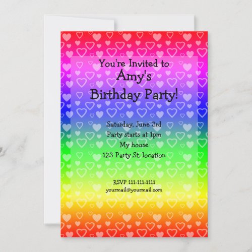 Rainbow birthday invitation hearts