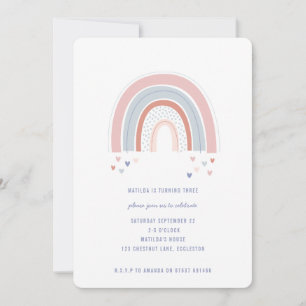 Rainbow birthday invitation in pink purple + blue