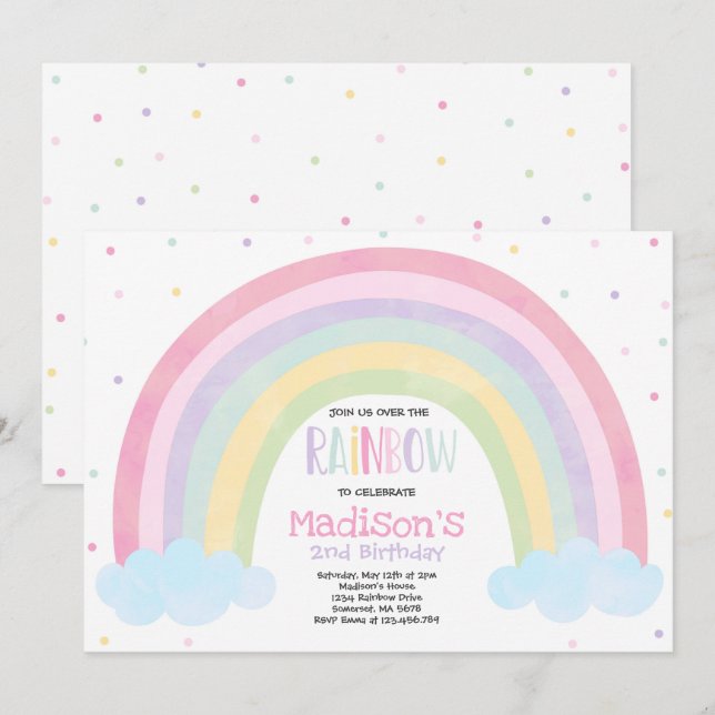 Rainbow Birthday Invitation Pastel Rainbow Party (Front/Back)