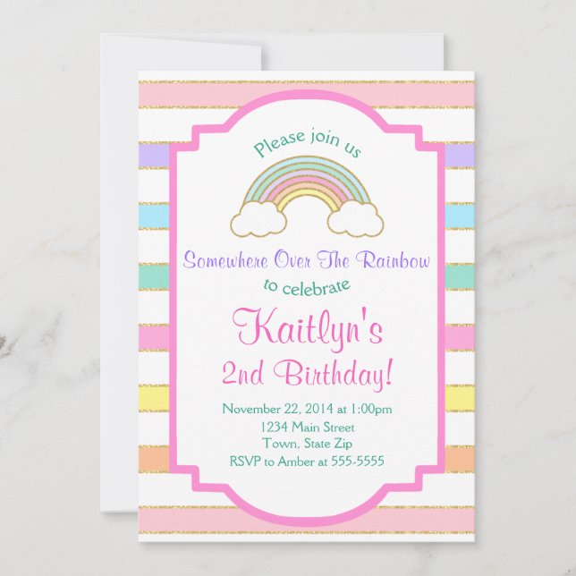 Rainbow Birthday Invitation Pink Girl Invite (Front)