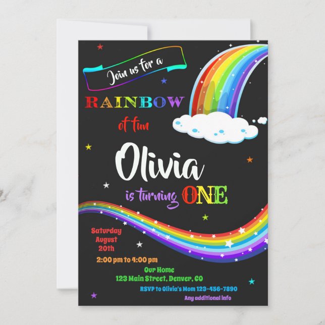 Rainbow birthday invitation Rainbow of fun party (Front)