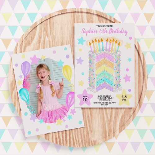 Rainbow Birthday Party Cake With Photo For Girls Invitation