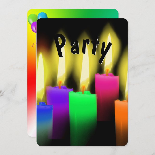 Rainbow Birthday Party Candles On Black Invitation (Front/Back)