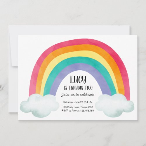 Rainbow Birthday Party Clouds Watercolor Girl Invitation