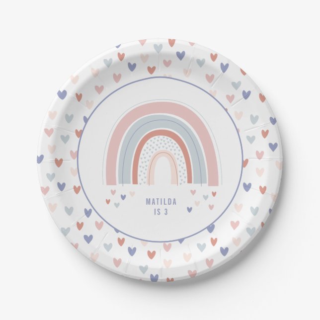 Rainbow birthday party decor in pink purple + blue paper plates (Front)