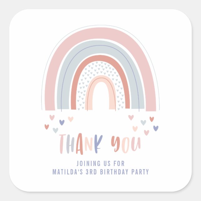 Rainbow birthday party decor in pink purple + blue square sticker (Front)
