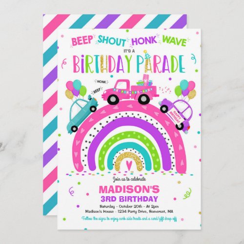 Rainbow Birthday Party Drive By Birthday Parade Invitation