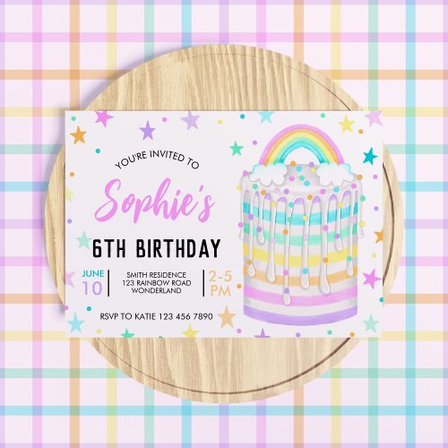 Rainbow Birthday Party for Girls 6th Birthday Invitation