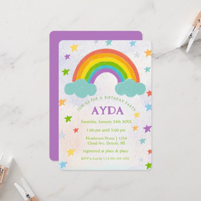 Rainbow Birthday Party Invitation (Front/Back In Situ)
