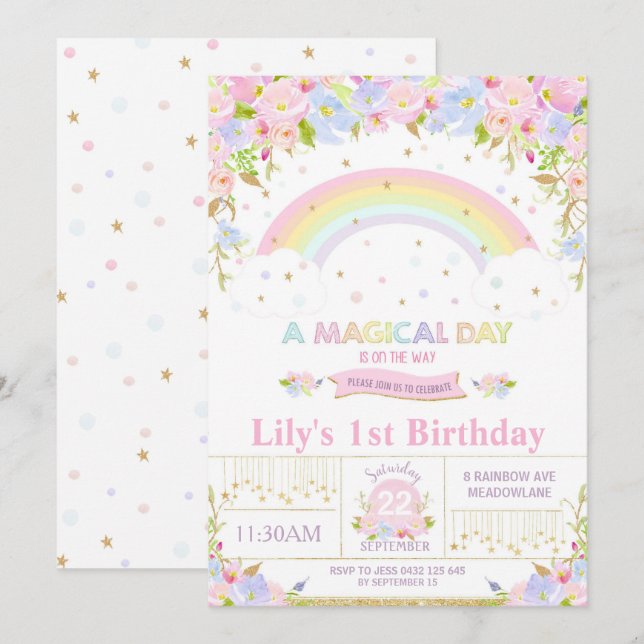 Rainbow Birthday Party Invitation Floral Girl (Front/Back)