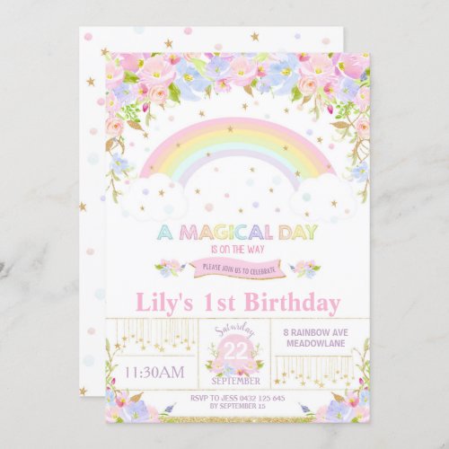 Rainbow Birthday Party Invitation Floral Girl