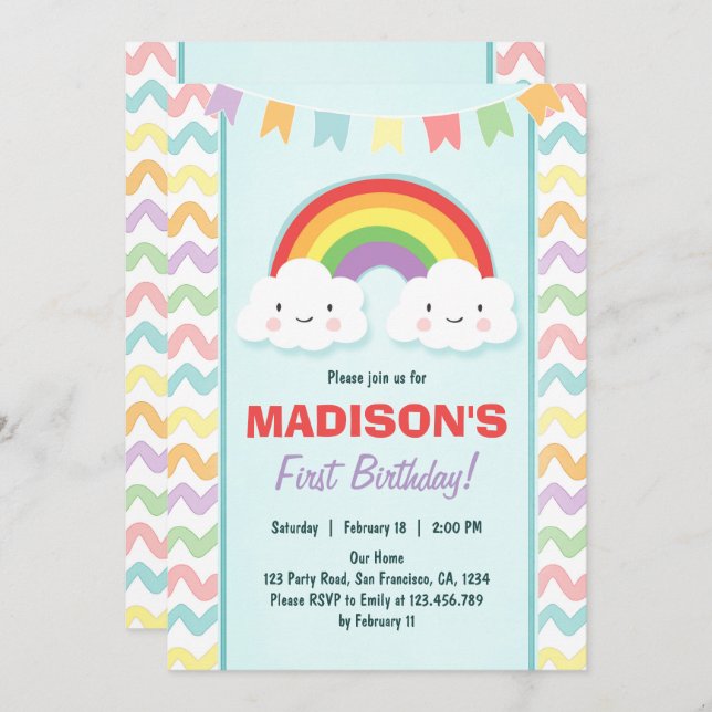Rainbow Birthday Party Invitation Girl Clouds (Front/Back)