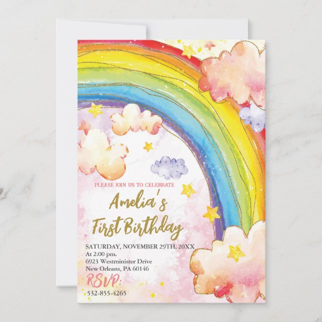 Rainbow Birthday Party Invitation, Girls Birthday  Invitation (Front)