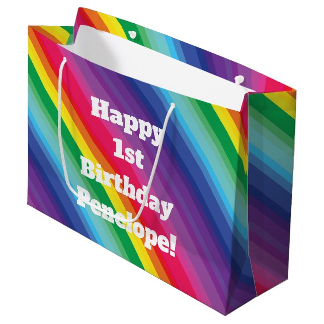 Rainbow Birthday Party Large Gift Bag (Front Angled)