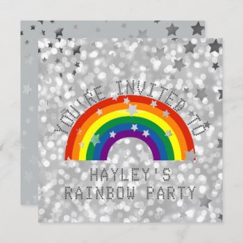 Rainbow Birthday Party Silver Stars Custom Invitation by angela65 at Zazzle