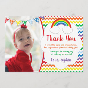 Rainbow Birthday Party Thank You Card with Photo