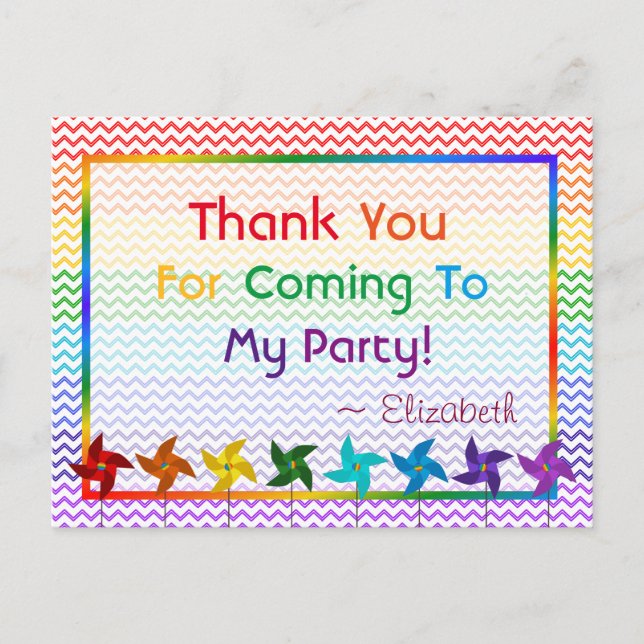 Rainbow Birthday Pinwheels Thank You Postcard (Front)
