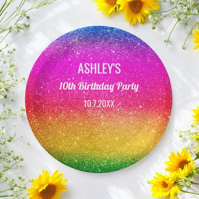Rainbow Birthday Purple Yellow Sparkle Paper Plates (Creator Uploaded)