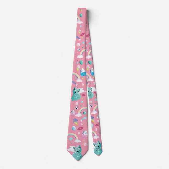 Rainbow Birthday Space Kitten Kawaii - Pink Neck Tie (Front)