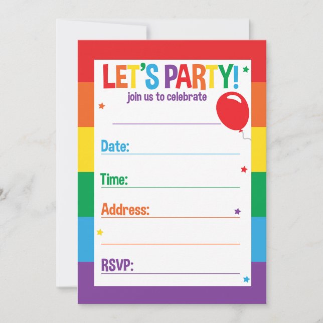Rainbow Birthday Themed Party Invitation Cards (Front)