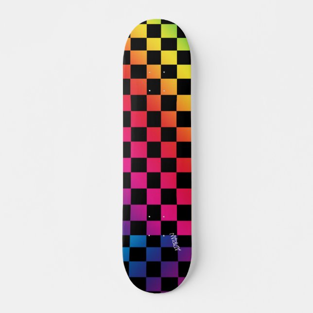 Rainbow & Black Checkers & Name or Text Skateboard (Front)