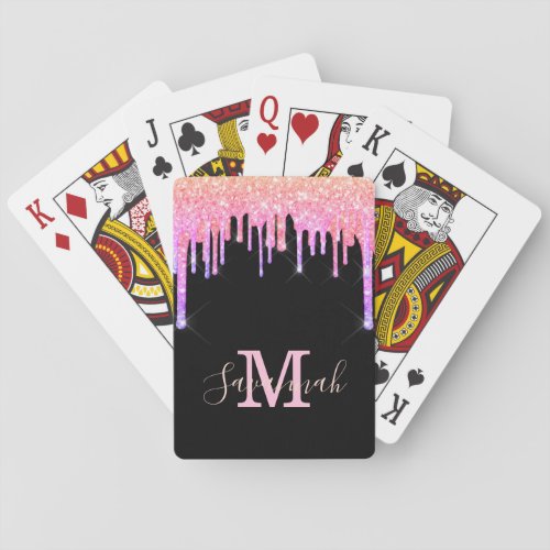 Rainbow black glitter gold sparkle monogram poker cards