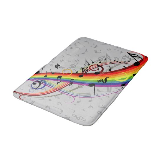 Rainbow Black Musical Notes on Gray Bath Mat