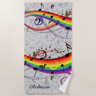 Rainbow Black Musical Notes on Gray Beach Towel