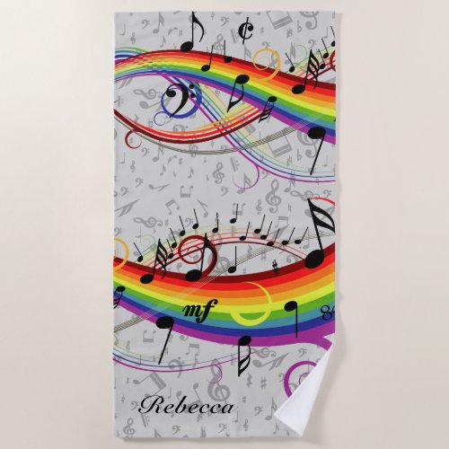 Rainbow Black Musical Notes on Gray Beach Towel