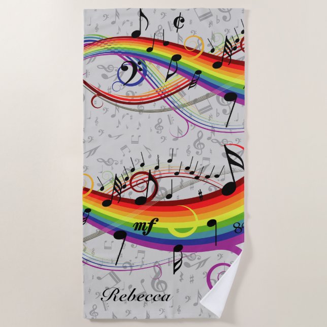Rainbow Black Musical Notes on Gray Beach Towel (Front)