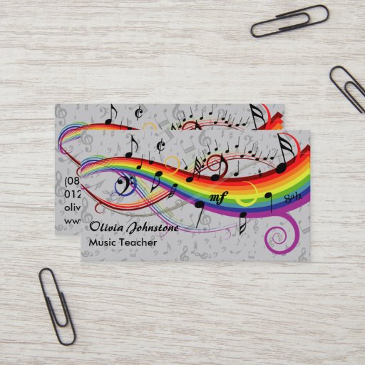 Customizable Rainbow Black Musical Notes on Gray Business Cards