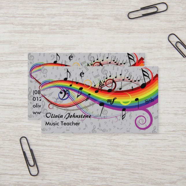 Rainbow Black Musical Notes on Gray Business Cards (Front/Back In Situ)