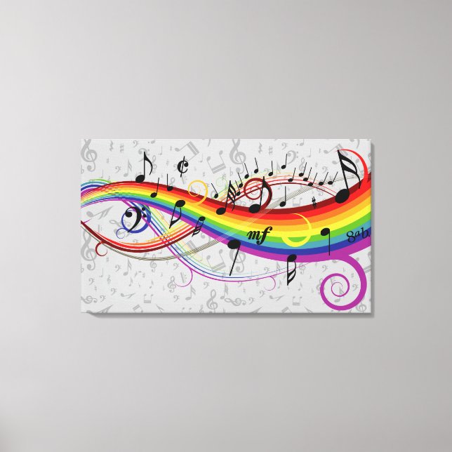 Rainbow Black Musical Notes on Gray Canvas Print (Front)