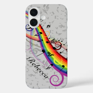 Rainbow Black Musical Notes on Gray iPhone 16 Case