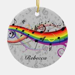 Rainbow Black Musical Notes on Gray Ceramic Ornament