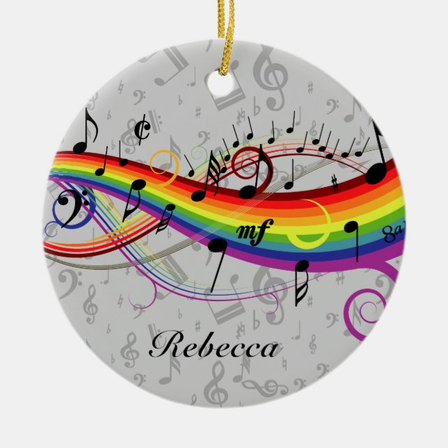 Rainbow Black Musical Notes on Gray Ceramic Ornament (Front)