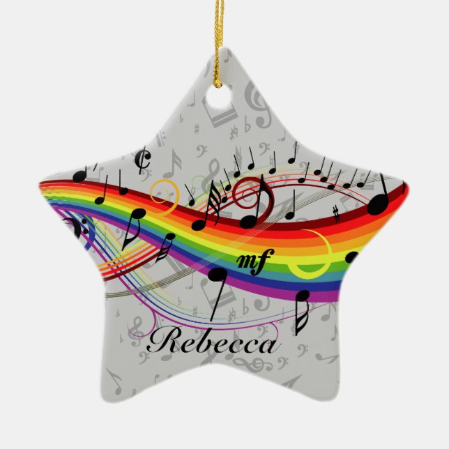 Rainbow Black Musical Notes on Gray Ceramic Ornament (Front)