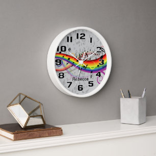 Rainbow Black Musical Notes on Gray Clock