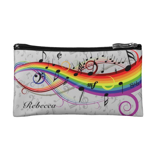 Rainbow Black Musical Notes on Gray Cosmetic Bag