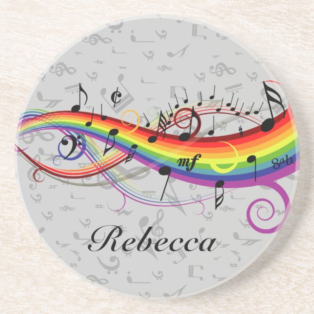 Rainbow Black Musical Notes on Gray Drink Coaster (Front)