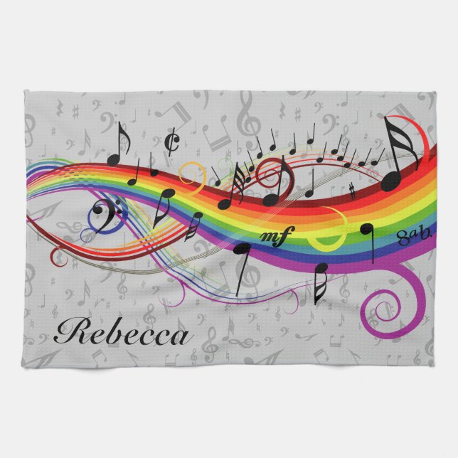 Rainbow Black Musical Notes on Gray Kitchen Towel (Horizontal)