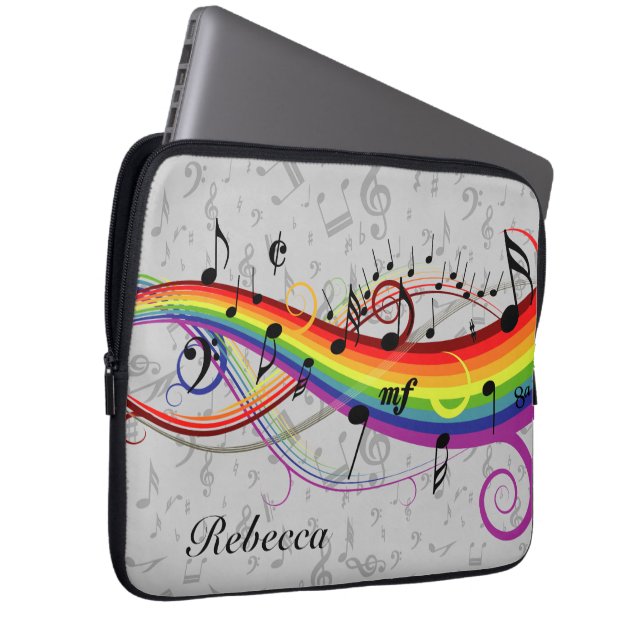 Rainbow Black Musical Notes on Gray Laptop Sleeve (Front Right)
