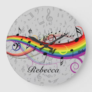 Rainbow Black Musical Notes on Gray Large Clock