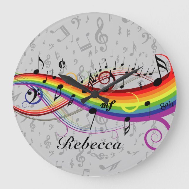 Rainbow Black Musical Notes on Gray Large Clock (Front)
