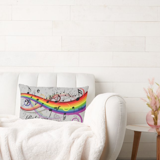 Rainbow Black Musical Notes on Gray Lumbar Pillow (Couch)