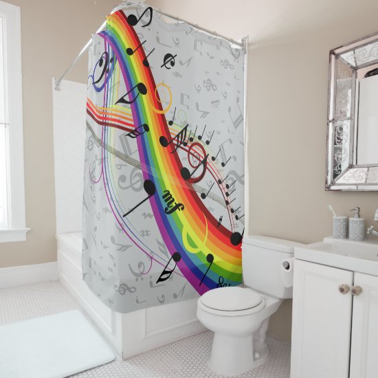 Rainbow Black Musical Notes on Gray Shower Curtain