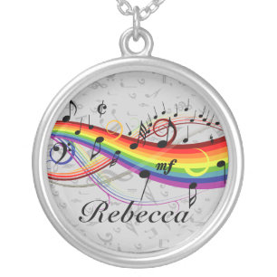 Rainbow Black Musical Notes on Gray Silver Plated Necklace